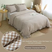 Parure de lit 3 pièces à volants en gingham kaki, style ferme, avec housse de couette à bord festonné et taies d'oreiller