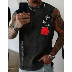 FOXA Men's Washed Sleeveless Tank <b>Top</b> Cotton Embroidery <b>Rose</b> Print Streetwear Summer (S-2XL) - Product Image 5