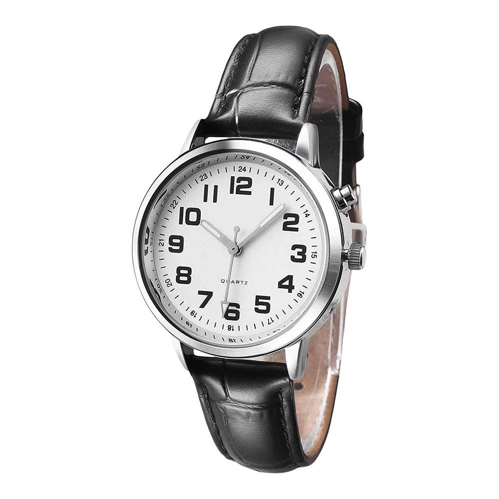 Reloj parlante en inglés para ciegos, personas mayores con discapacidad  visual, correa de cuero, correa de reloj, pulsera, voz analógica de cuarzo  con
