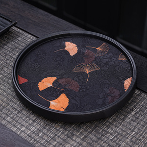 Plateau à thé en céramique de style chinois, rond, noir, avec motif de ginkgo, réutilisable pour service à thé, usage domestique - Product Image 1