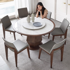 Mesa de comedor redonda de madera maciza, marco de madera de Fresno moderno y sencillo para el hogar, mesa de comedor con placa de roca con acabado brillante - Product Image 3