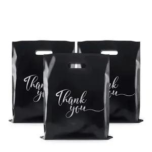 定制标志粉色模切塑料购物袋，带感谢标志12 "x15" 精品袋，带提手，用于商品礼品