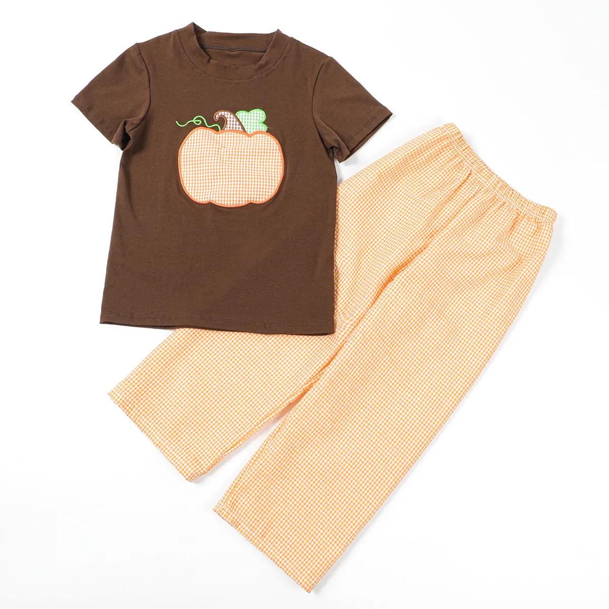 New arrival pumpkin applique embroidery customized shirt and pants boys outfits summer clothing sets