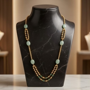 Collier Mala double couche en argent 925 antique avec perles de pierres précieuses vertes, bijou élégant et traditionnel à longue chaîne - Product Image 4
