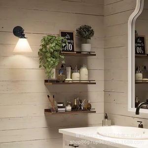 Wooden <b>floating</b> <b>shelf</b> with black metal railing <b>wall</b> decoration <b>shelf</b> for bathroom toiletries and toilet paper storage - Product Image 4