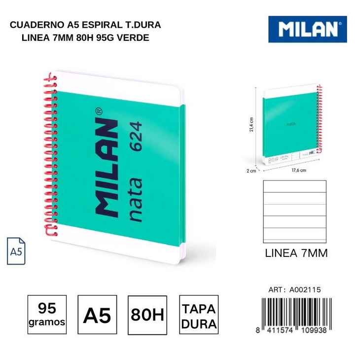 A5 spiral notebook, lined, 7 mm, 80 g, 95 g, green - School and office notebooks