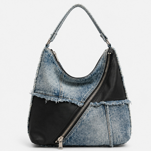 Bolso de hombro de mezclilla para mujer, bolso casual tipo hobo, bolso tote con cremallera de gran capacidad, bolso de moda azul con patchwork para llevar bajo el brazo - Product Image 2