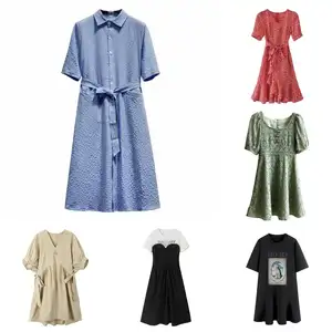 Mulheres Casual Autumn Dress Lady Estilo Coreano Vintage Floral Impresso Chiffon Shirt Dress Lotus Sleeve Bow Summer Mid-length Dress