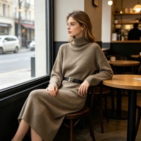 Robe pull maxi en laine mélangée pour femme, robe d'hiver côtelée à manches longues avec ceinture, robes tricotées élégantes et décontractées