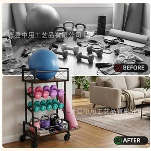 4 Tier Iron Wood Gym Storage Rack With Wheels For <b>Dumbbells</b> Kettlebells Yoga Mats Equipment Organizer - Product Image 2
