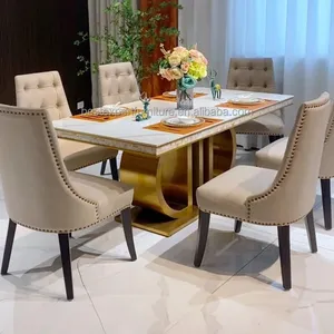 Restoran mobilya metal masalar mermer modern yemek masası modern taş mermer masa altın dikdörtgen yemek masası