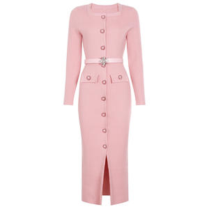 Abito Midi Aderente da Donna 2025 di Qualità, <span class=keywords><strong>con</strong></span> Colletto Quadrato, Monopetto, Maniche Lunghe e Cintura - Product Image 1