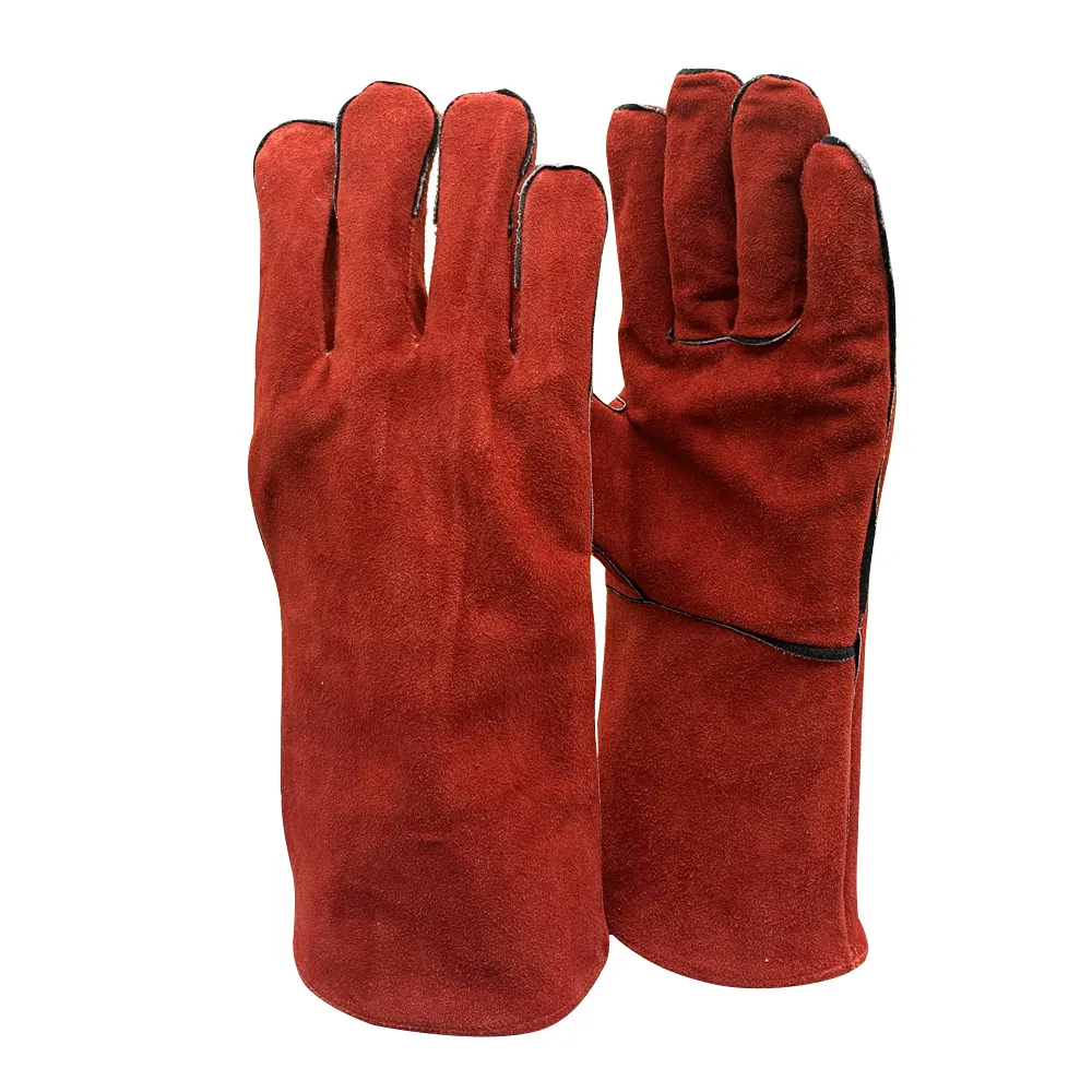 ถุงมือหนังวัวยาวแบบแยกได้ถุงมือนิรภัยสำหรับงานอุตสาหกรรมถุงมือเชื่อมหนังสีแดง