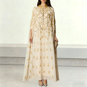 Robe longue de luxe dorée crème, perlée à la main, avec manches cape, style Abaya, pour femme musulmane, idéale pour l'Aïd et le Moyen-Orient – Nouvelle collection 2026 – Vente en gros - Product Image 1
