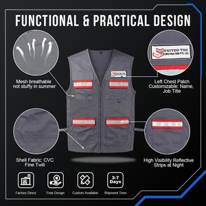 Chaleco <span class=keywords><strong>de</strong></span> <span class=keywords><strong>Trabajo</strong></span> Reflectante <span class=keywords><strong>de</strong></span> Alta Visibilidad Directo <span class=keywords><strong>de</strong></span> Fábrica, Multibolsillos, Malla CVC, Uniforme Personalizado al por Mayor - Product Image 3