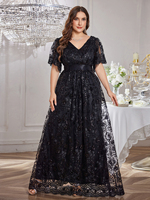 Robe de soirée formelle d'été à coupe aléatoire, taille plus, élégante, col en V, manches mi-bouffantes, sequins brodés, motif floral, coupe trapèze, avec ceinture