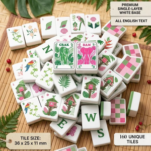 Jeu de Mahjong américain Rainforest Paradise avec des tuiles colorées représentant des perroquets, des feuilles de palmier, des coquillages et des maisons tropicales - Product Image 1