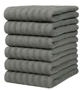 Ensemble de 6 torchons de cuisine en tissu éponge rayé gris, lavables en machine, rectangulaires, tricotés - Product Image 1