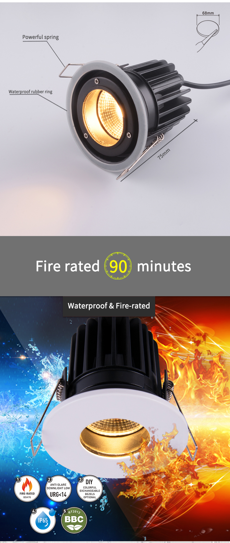 Fire Rated Recessed Dimmable LED Down Lights 68mm 11 Watt 4000k