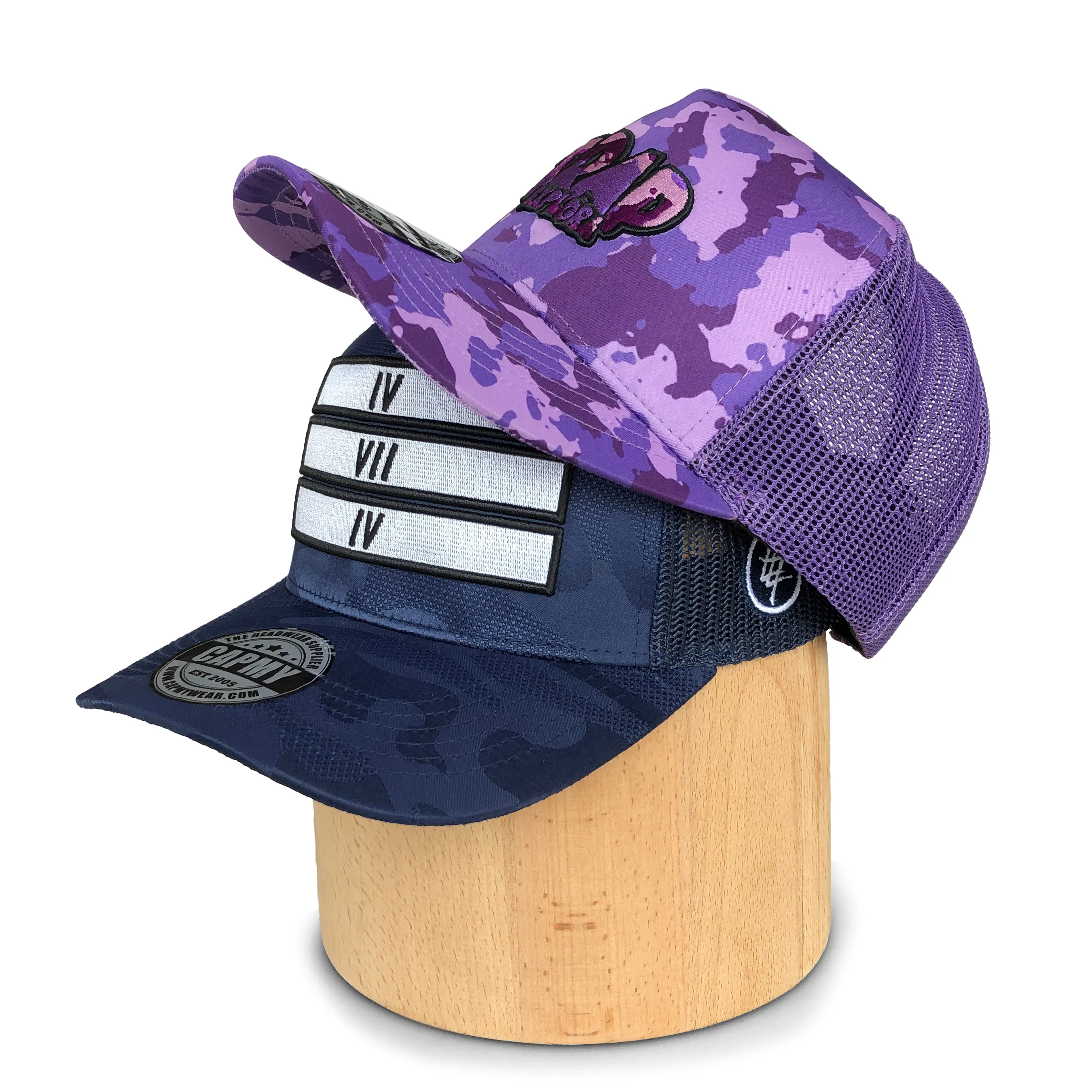 Individuelles Drucklogo Baumwollmuster bedruckte OEM Sublimationskappen individueller Überalldruck lila Navy 5-Panel-Hüte Trucker-Hut