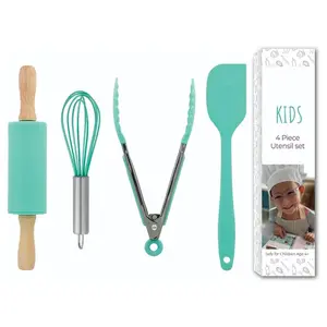 Utensilios de cocina seguros para hornear de silicona de grado alimenticio para niños de 4 piezas, utensilios de cocina, herramientas de cocina, juego de utensilios con espátula, pinzas para batir