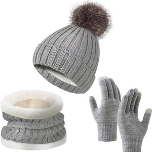Tre pezzi Set di cappello lavorato a maglia invernale caldo protezione per le orecchie da <span class=keywords><strong>donna</strong></span> <span class=keywords><strong>guanti</strong></span> da <span class=keywords><strong>donna</strong></span> - Product Image 1