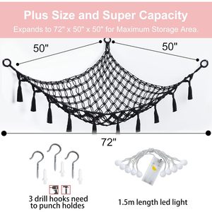 Hanging Net <b>Hammock</b> 55x55x72 Inches Black Triangular Stuffed Animal Storage Organizer Boho Tassel Decor - Product Image 4