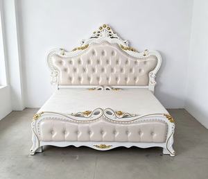 Premium Queen Size White Gold <b>Bed</b> With Cream PU Diamond Tufted Rose Floral Carved Nailhead Headboard For European Rococo Bedroom - Product Image 2