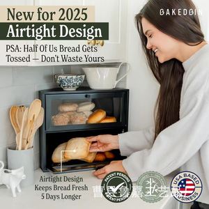 Bakedbin Corner Bread <b>Box</b> Double Layer With <b>Glass</b> Door Black Color Freshness Preservation Kitchen Storage - Product Image 2