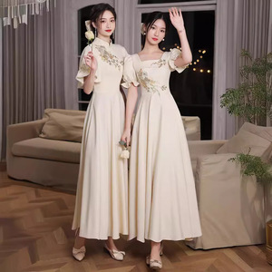 Chinese Style Bridesmaid Dresses Champagne Color A-Line Vintage Embroidered Long Dress For Wedding Party Graduation - Product Image 2