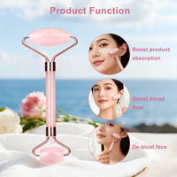 Rodillo Facial de Cuarzo Rosa Natural con Mango de Madera, Masajeador Corporal de Jade, Martillo de Masaje Facial con Bola de Hielo