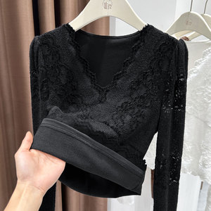 Sweter Kerah V Berenda Wanita Atasan Rajut Slim Fit Lengan Panjang Pullover Lembut Kemeja Berlapis Musim Gugur Musim Dingin untuk Kencan Malam - Product Image 4