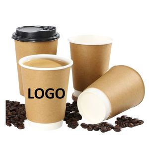 Custom printed logo disposable recycle 6oz 8oz 9oz 10oz 14 oz 16oz double ripple wall hot stamping coffee paper cups with lid