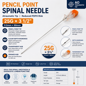 Aguja Espinal Estéril Médica con Punta de Lápiz 25G x 88mm para Procedimientos <span class=keywords><strong>Epidurales</strong></span> y Espinales - Product Image 1