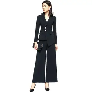 2件套正式长裤套装带口袋女式工作服办公室女士制服风格商务夹克女式长裤套装