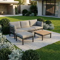 Ensemble de salon de jardin 4 pièces en aluminium noir mat, résistant aux intempéries, avec table basse à lattes en bois et ottoman amovible et imperméable