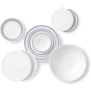 Set Peralatan Makan Malam, Set Peralatan Makan Mangkuk Set Piring Bulat Putih Melamin Pelek Biru