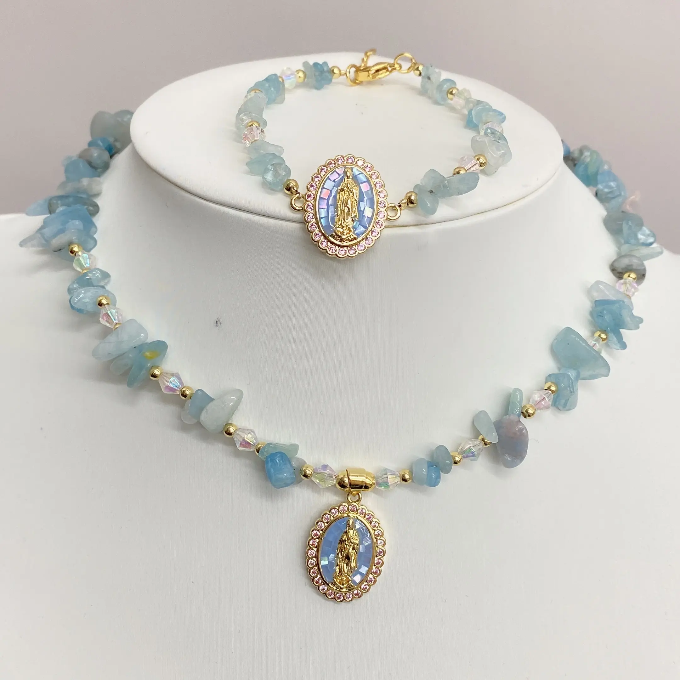 CZ pave Virgin Mary jewelry natural Irregularity Gemstone Healing Energy crystal chip bracelet necklace jewelry set