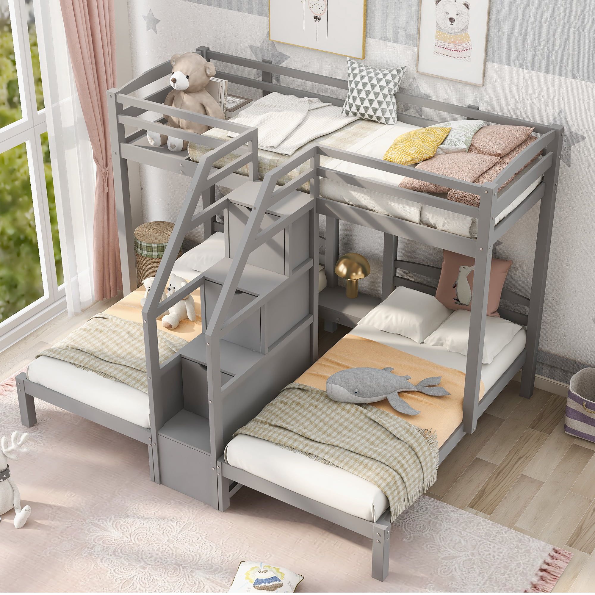 Three Floor Bed Modern Design Solid Wood Storage for Kids