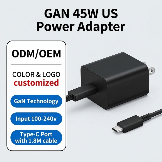 GaN 45W Power Adapter Type C Single Port Wall Charger with 1.8m Cable for Office Setup Gadgets Mobile Phone Digital Devices