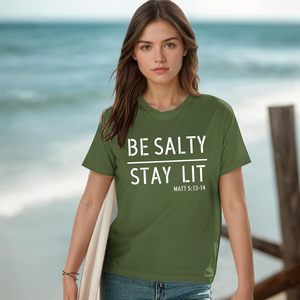 เสื้อยืดผู้หญิง FOXA ลาย Be Salty Stay Lit พร้อมข้อความจากพระคัมภีร์ไบเบิล ผ้าฝ้ายเจอร์ซีย์ 100% ระบายอากาศได้ดี แขนเสื้อแบบปกติ - Product Image 6