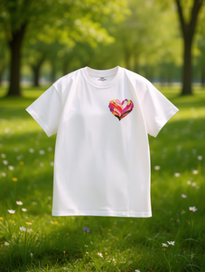 Women's Casual Short Sleeve T-Shirt Soft White Round Neck Bright Heart Print Breathable Fabric Spring Summer Regular Fit - Product Image 2