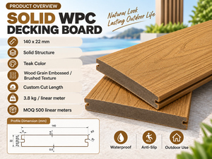Planche de terrasse en WPC solide 140x22mm <span class=keywords><strong>couleur</strong></span> <span class=keywords><strong>teck</strong></span>, imperméable, antidérapante, longueur personnalisée pour usage extérieur - Product Image 2