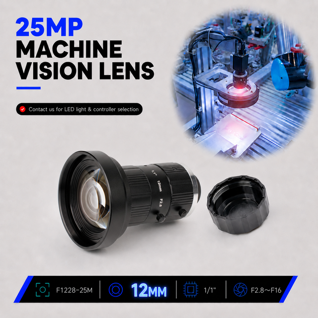 25 Megapixel 12mm C Mount Lens for Industrial Inspection, 1.1" Sensor Ultra Low Distortion Machine Vision Lens