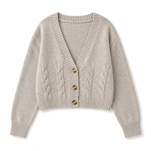 Cárdigan de punto trenzado <span class=keywords><strong>beige</strong></span> para <span class=keywords><strong>mujer</strong></span>, cuello en V, botones frontales, suéter suave y acogedor con dobladillo acanalado, prendas de punto de invierno, suministro de fábrica OEM ODM - Product Image 2