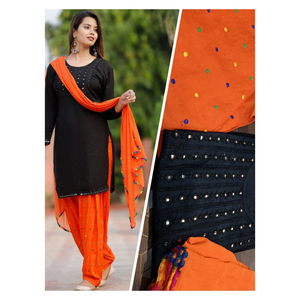 Conjunto de Kurti Negro, Patiala y Dupatta con Bordado de Espejo, Ropa Étnica, Conjunto de Kurta Recta de Rayón, Mangas Tres Cuartos, Cuello Redondo - Product Image 6