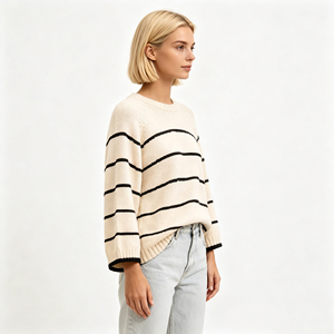 2026 New Arrival Striped Oversized Knit <strong>Sweater</strong>, <strong>Women's</strong> <strong>Beige</strong> Black Crew Neck Long Sleeve Pullover, Knitwear - Product Image 3
