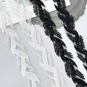 Heavy Beaded Embroidery <strong>Sequins</strong> Leaf Lace bar Code <strong>Ribbon</strong> for Garment - Product Image 1