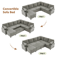 Sofá Cama en Forma de U, Sofá Seccional de Tela de 8 Plazas, Sofá Cama Extraíble Versátil con Dos Portavasos, Puerto de Carga y Almacenamiento para el Hogar