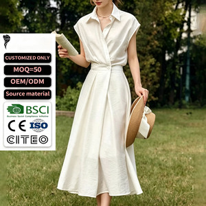 Robe chemise sans manches blanche pour femme, col vintage, taille haute, coupe trapèze, longueur midi, élégante, personnalisable avec logo OEM, vente en gros - Product Image 1